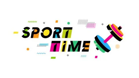 Sport time creative concept with colored dumbbell and memphis background Stock Illustration