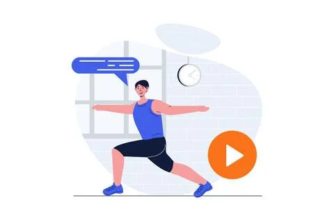 Sport training web concept with character scene. Man in sportswear doing morn Stock Illustration