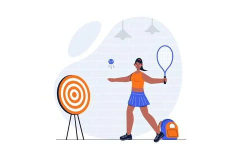 Sport training web concept with character scene. Woman with racket and ball p Stock Illustration