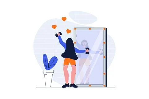 Sport training web concept with character scene. Woman with dumbbells doing s Illustrazione stock