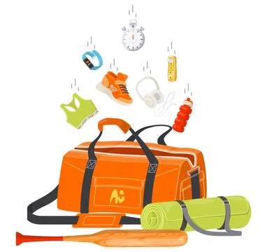 Sport vector poster with training accessories falling into bag Stock Illustration