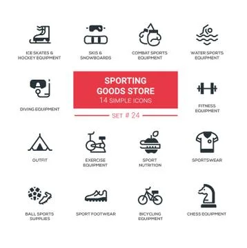Sporting goods store - modern simple icons, pictograms set Stock Illustration