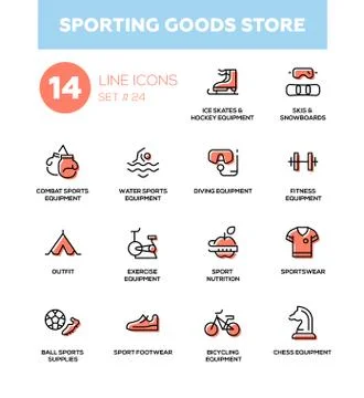 Sporting goods store - modern simple icons, pictograms set Stock Illustration