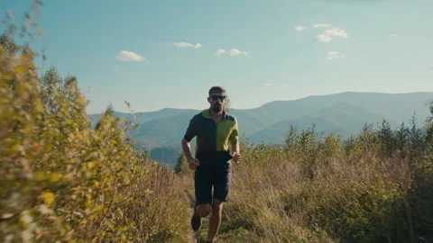 Sportive fit strong healthy Caucasian male sportsman man runner athlete jogging Stock Footage 273606574