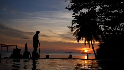 A sportive man is jumping into the pool on the background of a beautiful golden Stock Footage 95292805