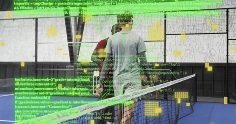 Sports analytics code fading in initiating two paddlers meeting at net shaking Stock Footage 320484420