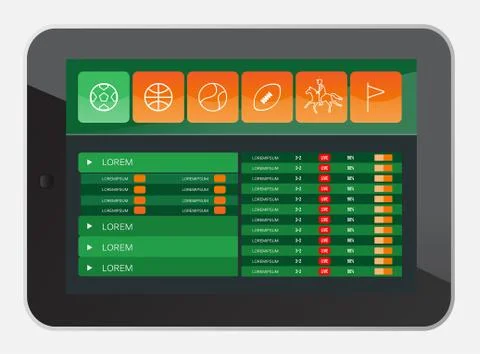 Sports app interface on tablet screen Stock Illustration