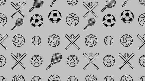 Sports ball and racket pattern, black line art on gray Stock Illustration