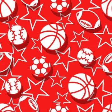 Sports balls in red and white seamless pattern Stock Illustration