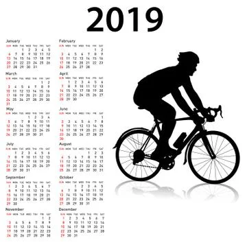 Sports calendar 2019, week starts from Sunday black silhouette of a bicyclist Stock Illustration