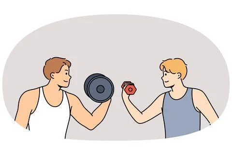 Sports competition between men lifting dumbbells with different weights or Stock Illustration