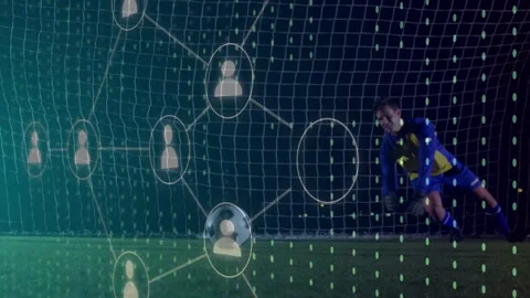 Sports data network nodes appearing near ball goalkeeper diving and securing Stock Footage 333720201
