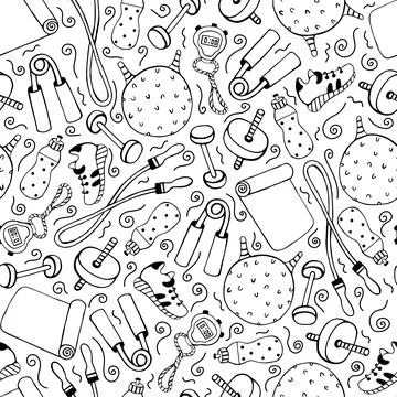 Sports equipment seamless vector pattern. Hand drawn illustration 스톡 일러스트