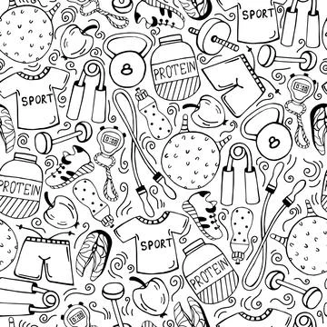 Sports equipment seamless vector pattern. Hand drawn illustration 스톡 일러스트