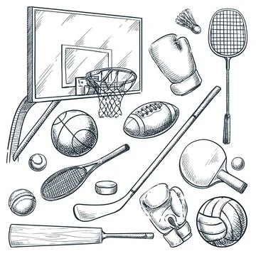 Sports equipment. Vector hand drawn sketch illustration of basketball, tennis Stock Illustration