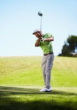 Sports, golf swing and black man with stroke in game, match and competition on Stock Photos