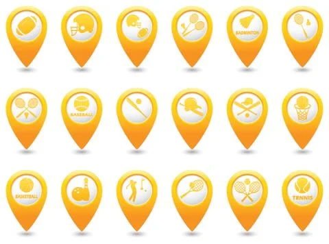 Sports icons set on map pointers Stock Illustration