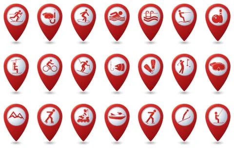 Sports icons set on map pointers Stock Illustration