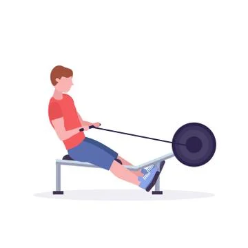 Sports man doing exercises on rowing machine guy working out in gym on training Stock Illustration