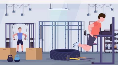 Sports men doing exercises on parallel bar training apparatus guys working out Stock Illustration