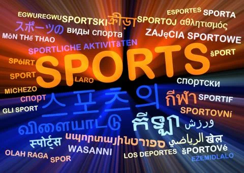 Sports multilanguage wordcloud background concept glowing Stock Illustration