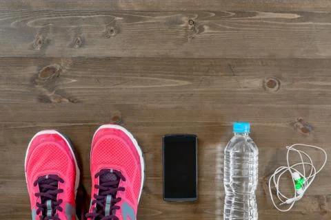 Sports objects at the bottom of the horizontal frame and the space on top Stock Photos