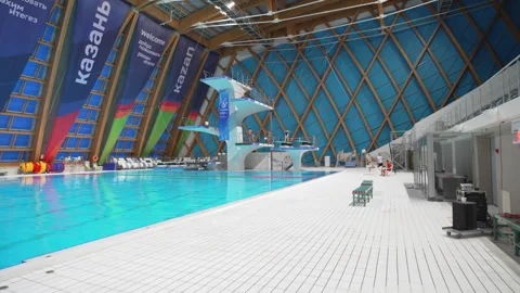 Sports pool enriched with platforms of various heights Stock Footage 317144910