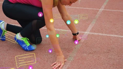 Sports runner placing hands on start line shifting, preparing sprint as user Stock Footage 332956371
