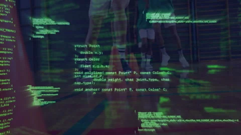 Sports tech code scrolling revealing female athletes dribbling drills in gym Video stock 311900708