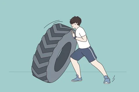 Sportsman push tire training in gym Stock Illustration