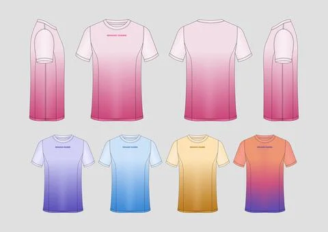 Sportswear Gradient Tee Apparel Tech Pack Flat Vector Mockup Multi View Set Stock Illustration