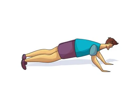 Sporty man doing push ups, side view. Young guy in sportswear. Active workout Stock Illustration