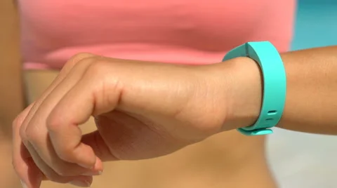 Sporty Woman Checking Activity Tracker At Beach - Fitness Tracker Wearable Tech Stock Footage