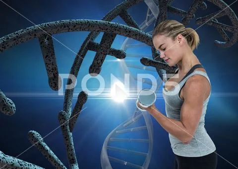 Sporty woman with dna chain and blue background Stock Photos