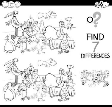 Spot the difference with birds coloring book Stock Illustration