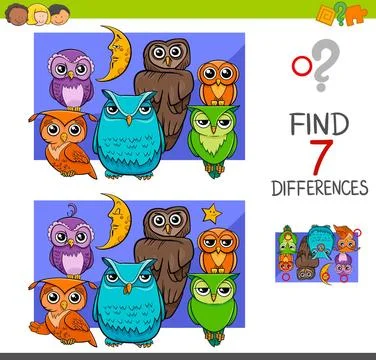 Spot the differences with cute owl birds Cartoon Illustration of Find the ... Stock Photos