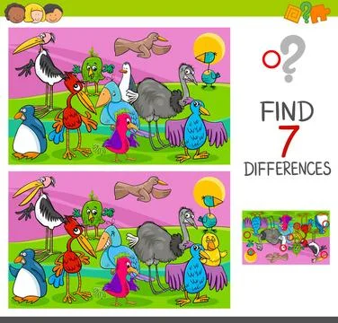 Spot differences game with birds characters Cartoon Illustration of Search... Foto stock