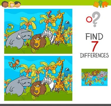 Spot the differences game with safari animals Cartoon Illustration of Find... Stock Photos