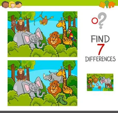 Spot the differences game with wild animals Cartoon Illustration of Find t... Stock Photos