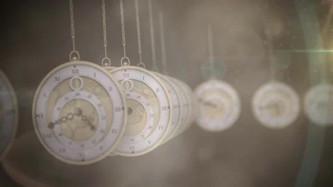 Spot of light against multiple hanging clocks ticking against dark background Stock Footage 150853079