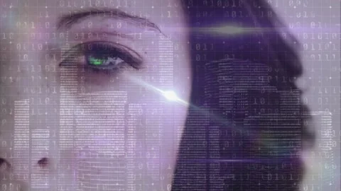 Spot of light and binary coding data processing against close up of a female eye Video stock 328648127