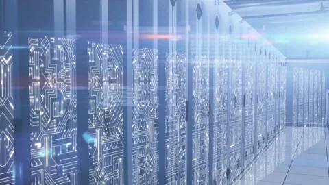 Spot of light and microprocessor connections over empty computer server room Vídeo Stock 220362070