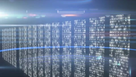 Spot of light and microprocessor connections over empty computer server room Stock Footage 220362085