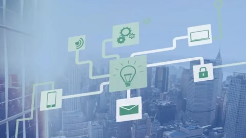 Spot of light and network of digital icons against aerial view of cityscape 動画素材 330663982