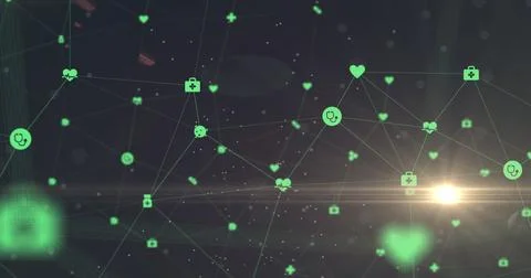 Spot of light moving over network of digital icons against blue background Ilustração Stock