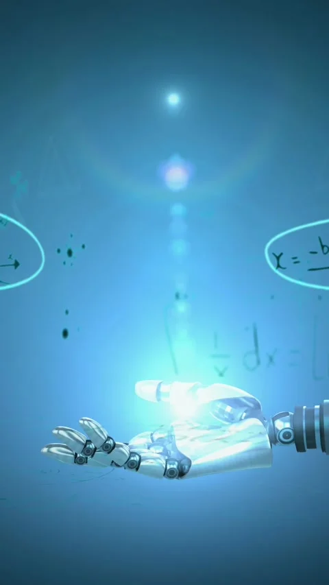 Spot of light over robotic hand against mathematical equations floating on blue Video stock 344524693