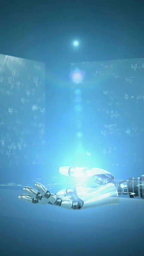 Spot of light over robotic hand against screens with mathematical equations on Stock Footage 344594251