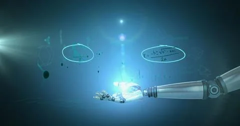 Spot of light over robotic hand against mathematical equations floating on blue Stock Illustration
