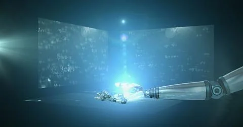 Spot of light over robotic hand against screens with mathematical equations on Stock Illustration