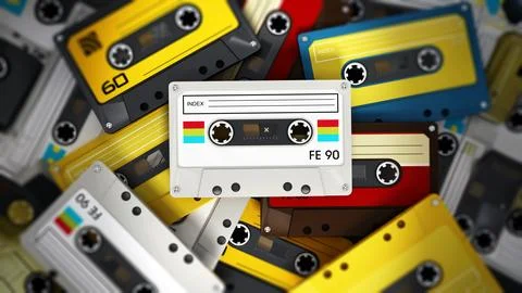 Spot lit retro audio cassettes stack. 3D illustration Stock Illustration